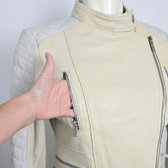 BCBGMAXAZRIA Women's Cream Quilted Biker Leather Lined Jacket Zippers Size Small - Picture 5 of 16